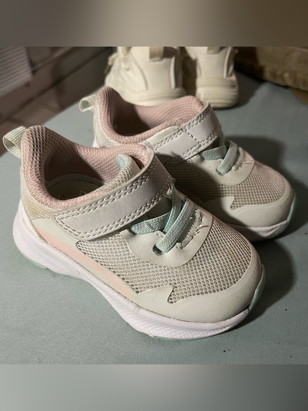 Kids Athletic Sneakers - White & Pink with Mint Accents